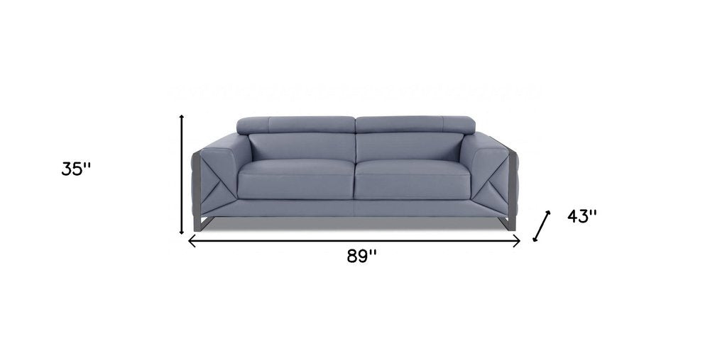 89" Black Italian Leather Sofa With Silver Legs