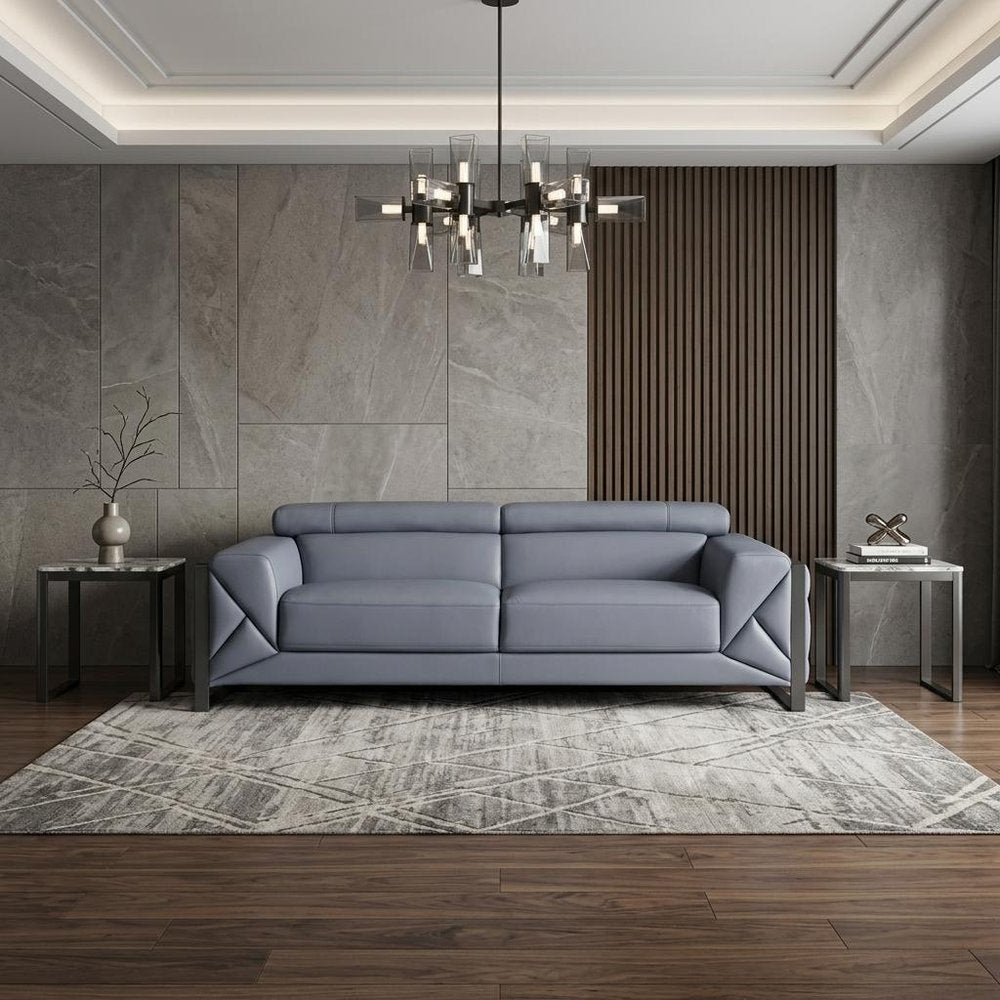 89" Black Italian Leather Sofa With Silver Legs