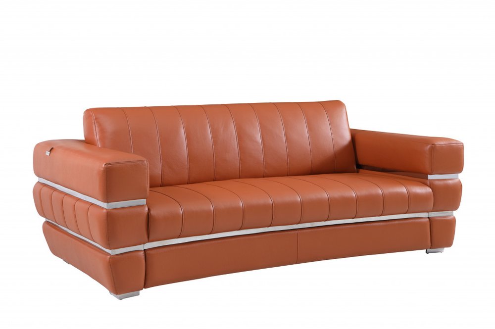 89" White Italian Leather Sofa With Silver Legs