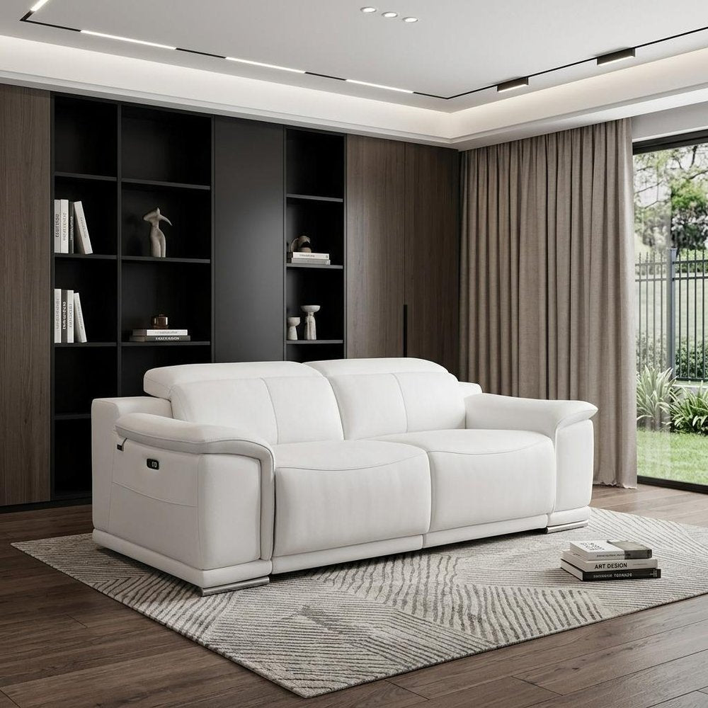 86" Camel Italian Leather USB Reclining Sofa With Silver Legs