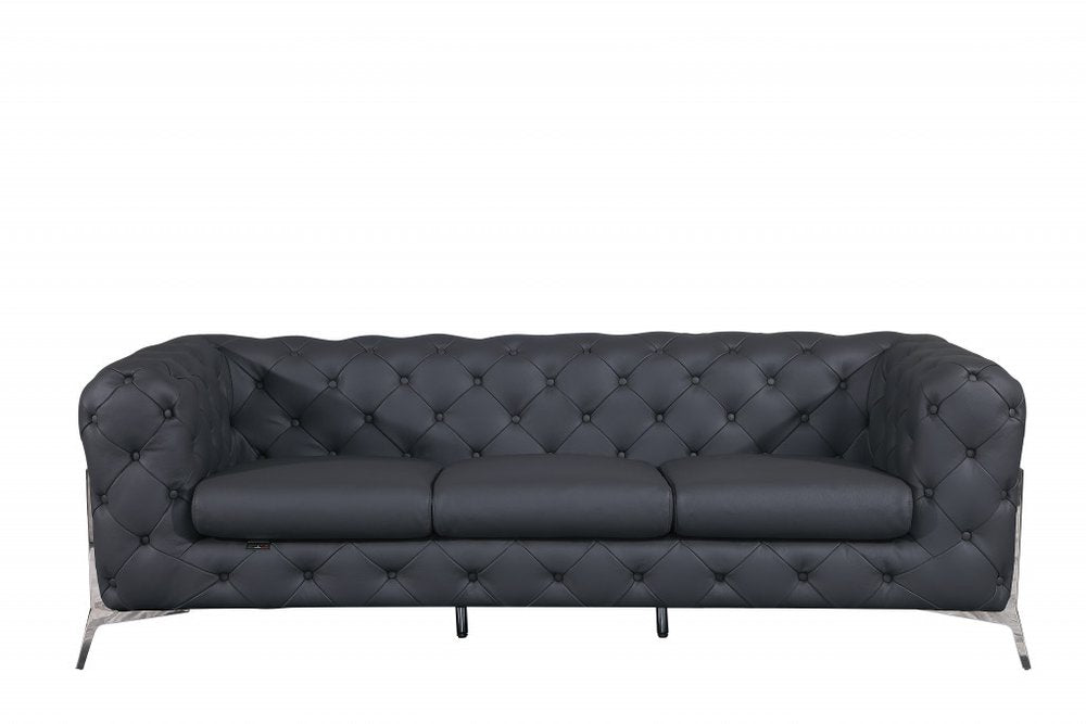93" Brown Italian Leather Chesterfield Sofa With Silver Legs