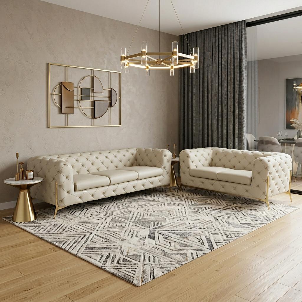 Two Piece Indoor Beige Italian Leather Five Person Seating Set