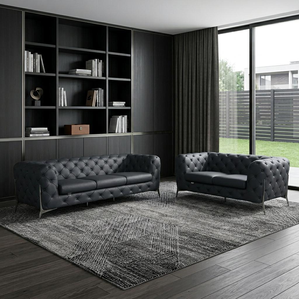 Two Piece Indoor Dark Gray Italian Leather Five Person Seating Set