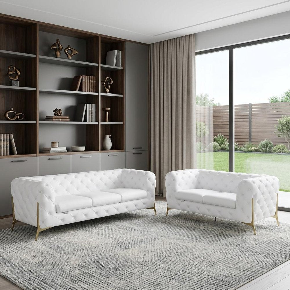 Two Piece Indoor White Italian Leather Five Person Seating Set