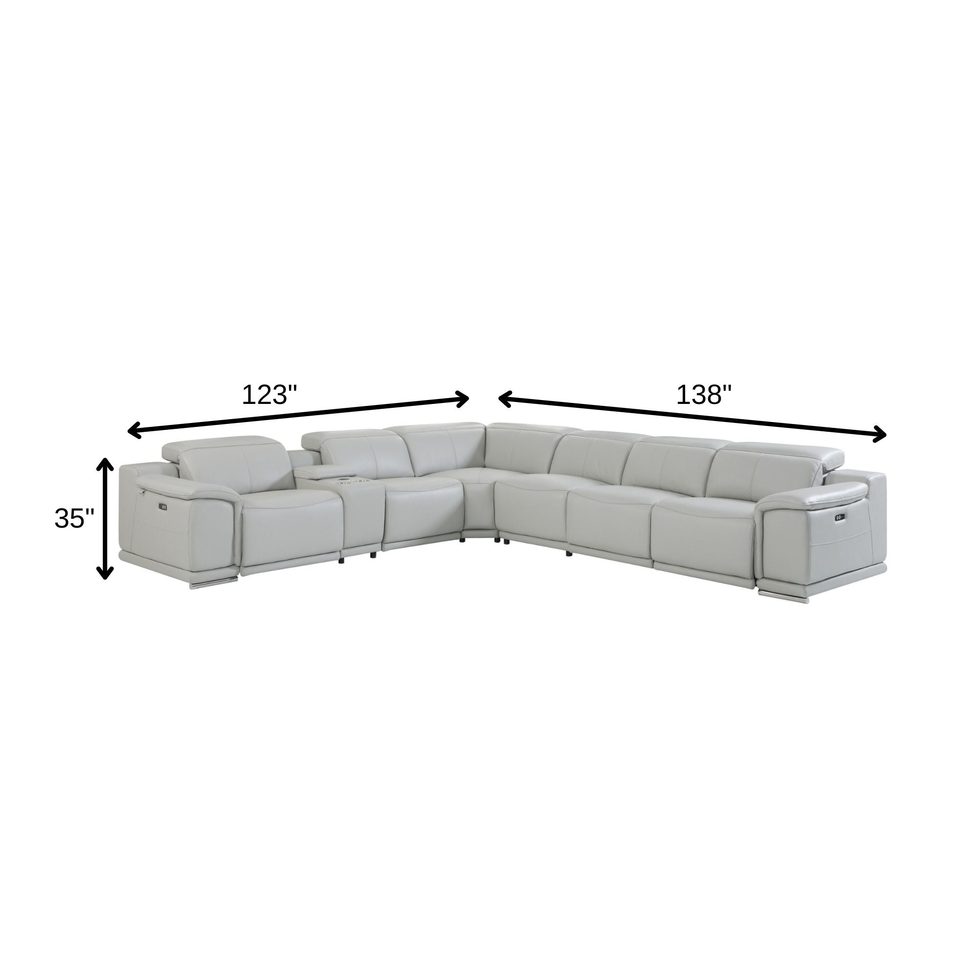 Light Gray Italian Leather Power Reclining U Shaped Seven Piece Corner Sectional With Console