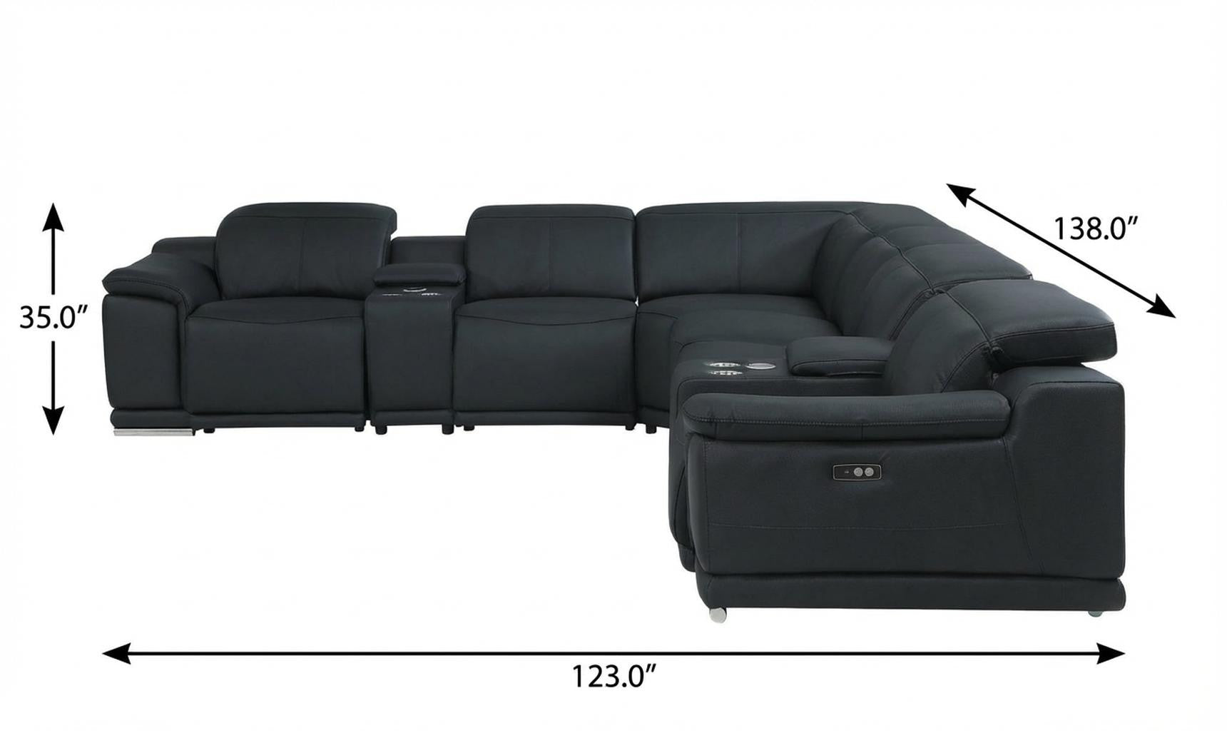 Black Italian Leather Power Reclining U Shaped Eight Piece Corner Sectional With Console