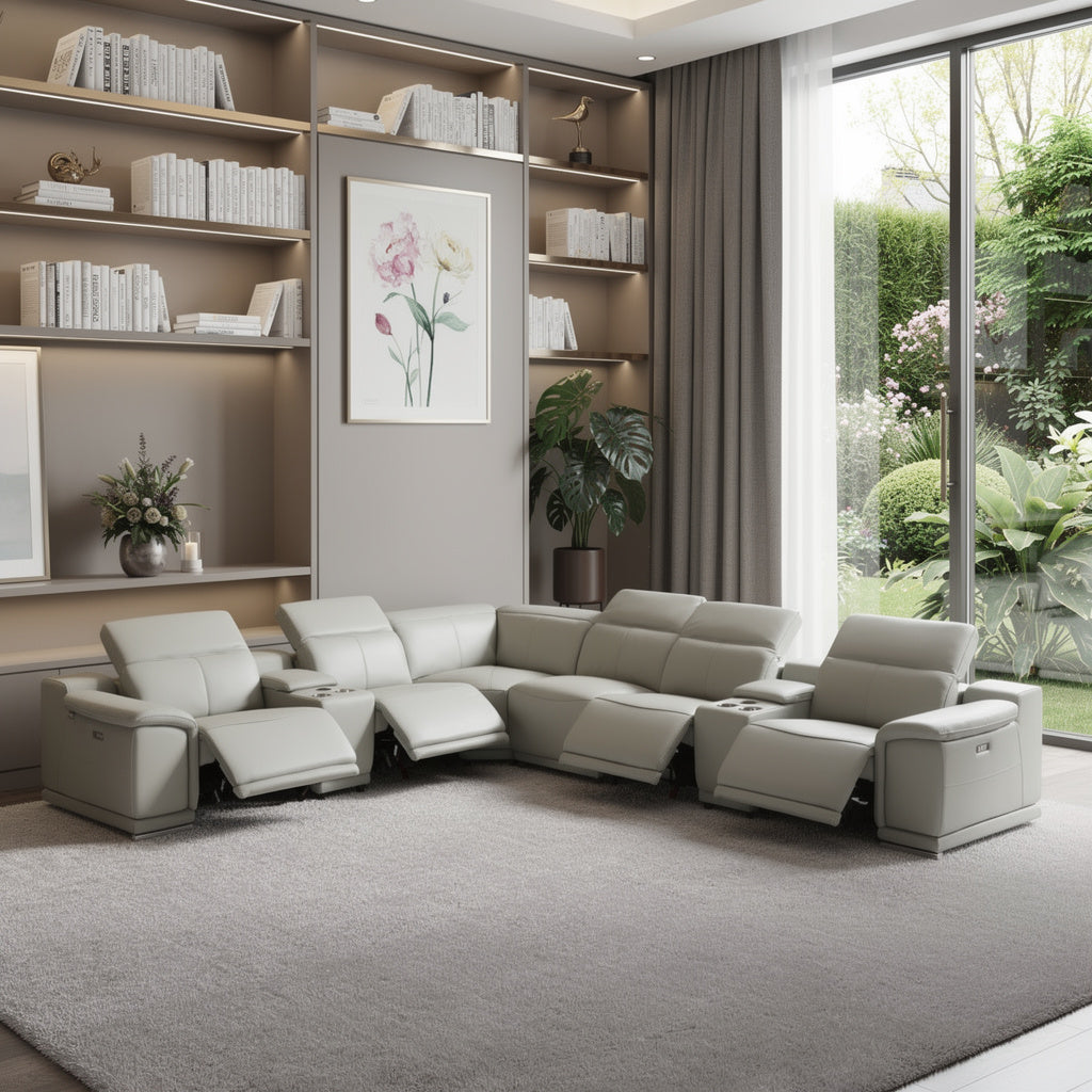 Light Gray Italian Leather Power Reclining U Shaped Eight Piece Corner Sectional With Console