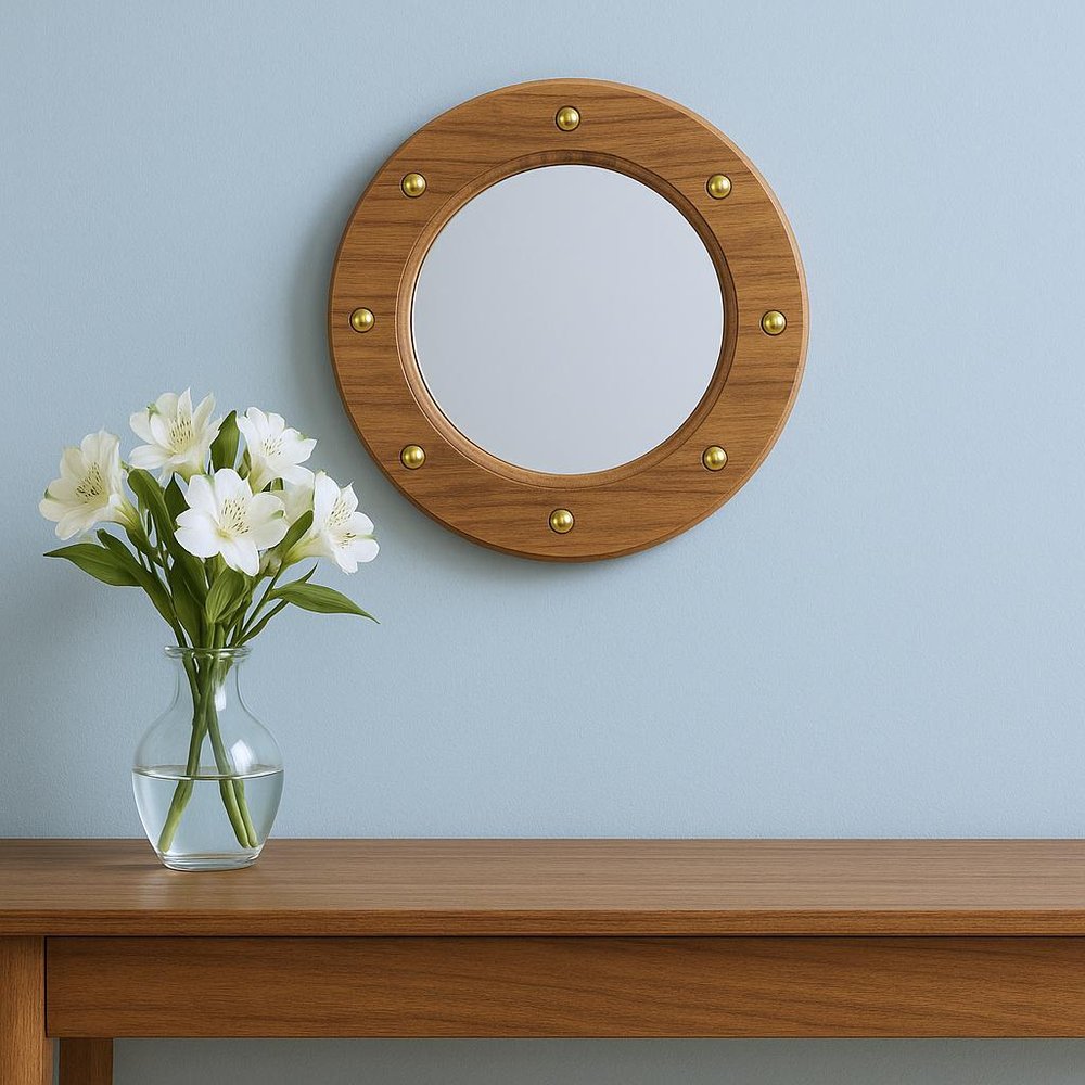 11" Brown Solid Wood Round Accent Mirror