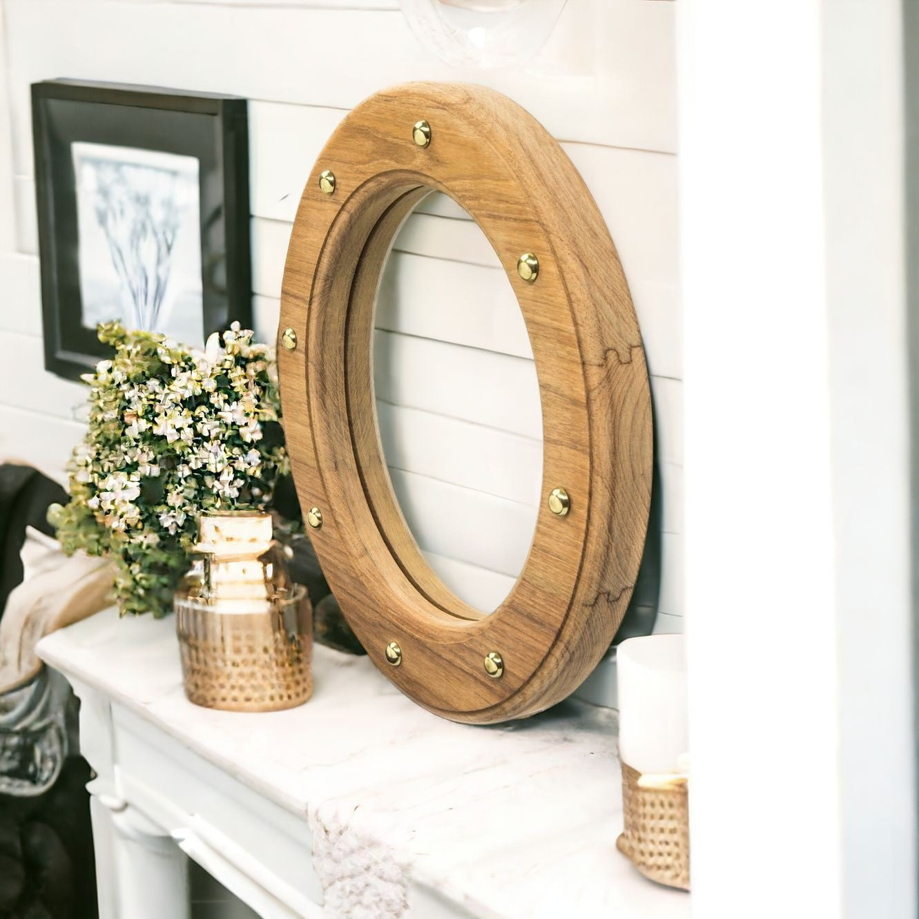 11" Round Wall Mounted Teak Wood Mirror with Nautical Rivets