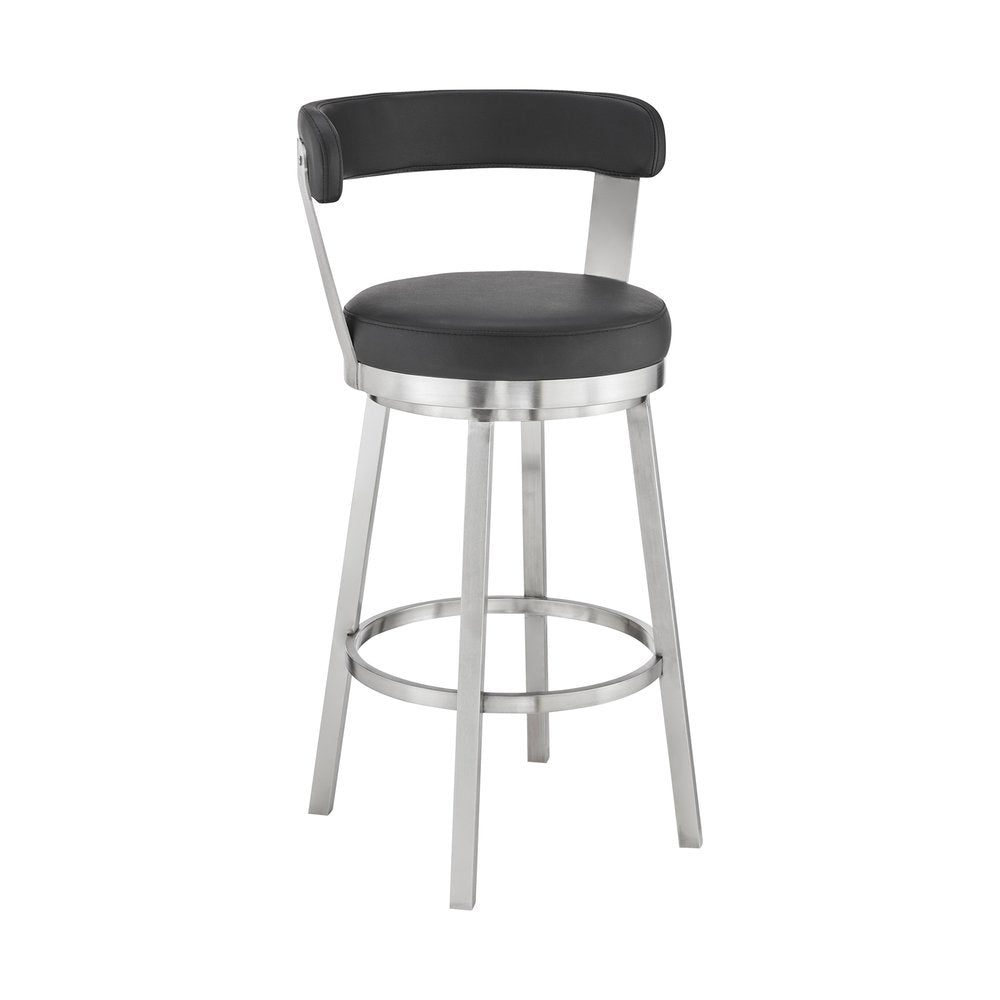 30" Black And Silver Fabric And Iron Backless Bar Height Swivel Bar Chair