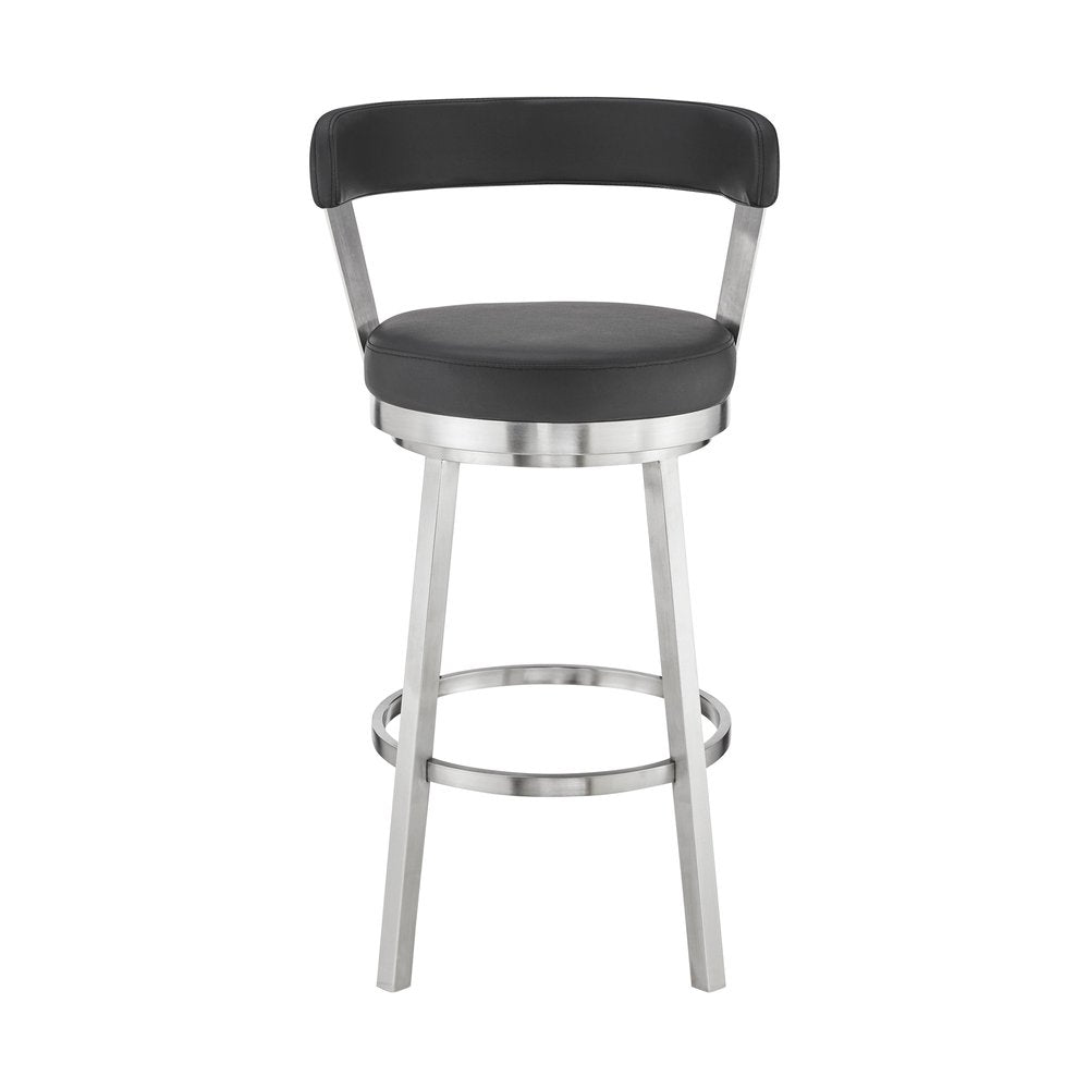 30" Black And Silver Fabric And Iron Backless Bar Height Swivel Bar Chair