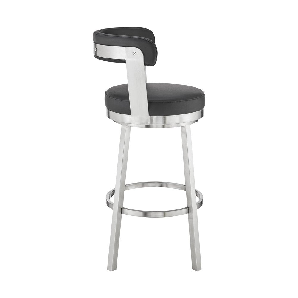 30" Black And Silver Fabric And Iron Backless Bar Height Swivel Bar Chair
