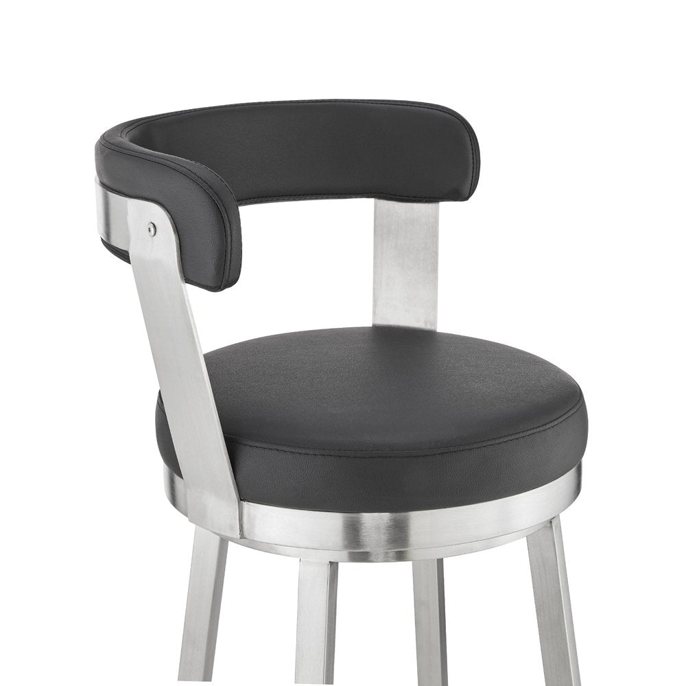 30" Black And Silver Fabric And Iron Backless Bar Height Swivel Bar Chair