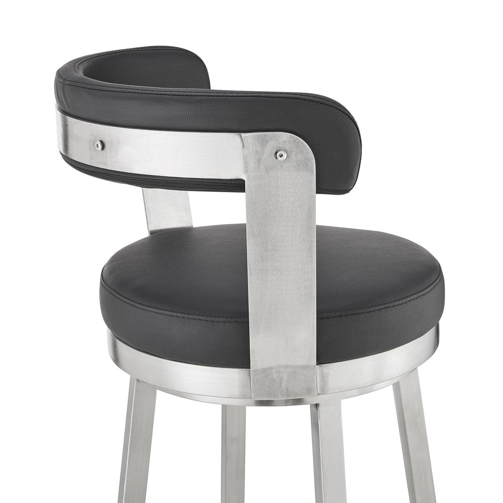 30" Black And Silver Fabric And Iron Backless Bar Height Swivel Bar Chair