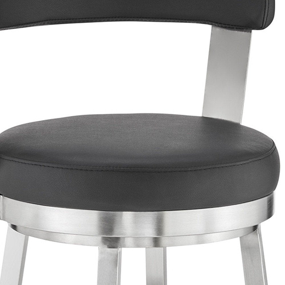 30" Black And Silver Fabric And Iron Backless Bar Height Swivel Bar Chair