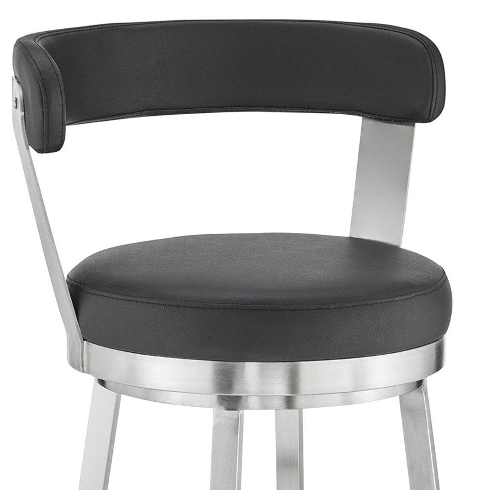 30" Black And Silver Fabric And Iron Backless Bar Height Swivel Bar Chair
