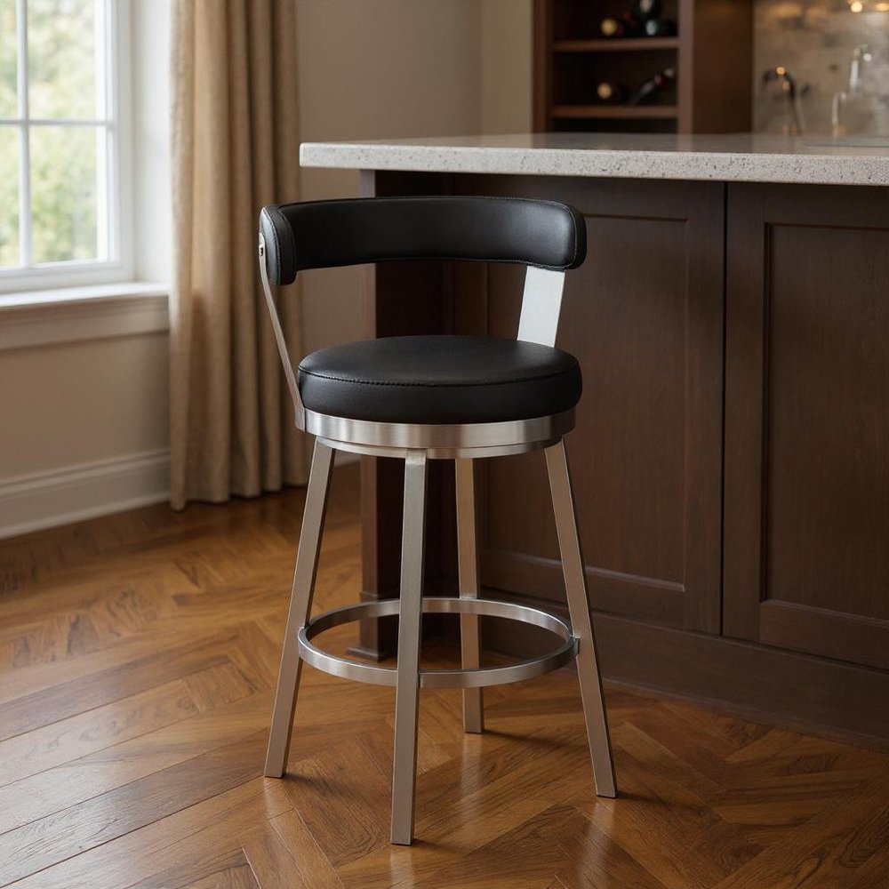 30" Black And Silver Fabric And Iron Backless Bar Height Swivel Bar Chair