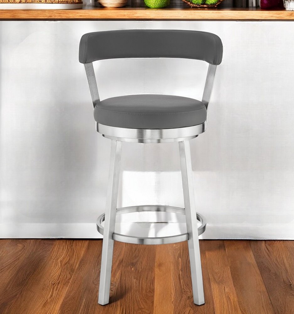 26" Gray And Silver Iron Swivel Backless Counter Height Bar Chair