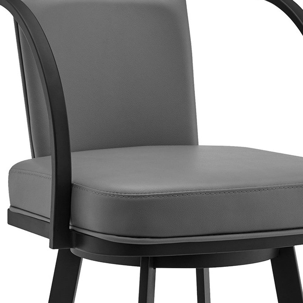30" Gray And Black Faux Leather And Iron Swivel Bar Height Bar Chair