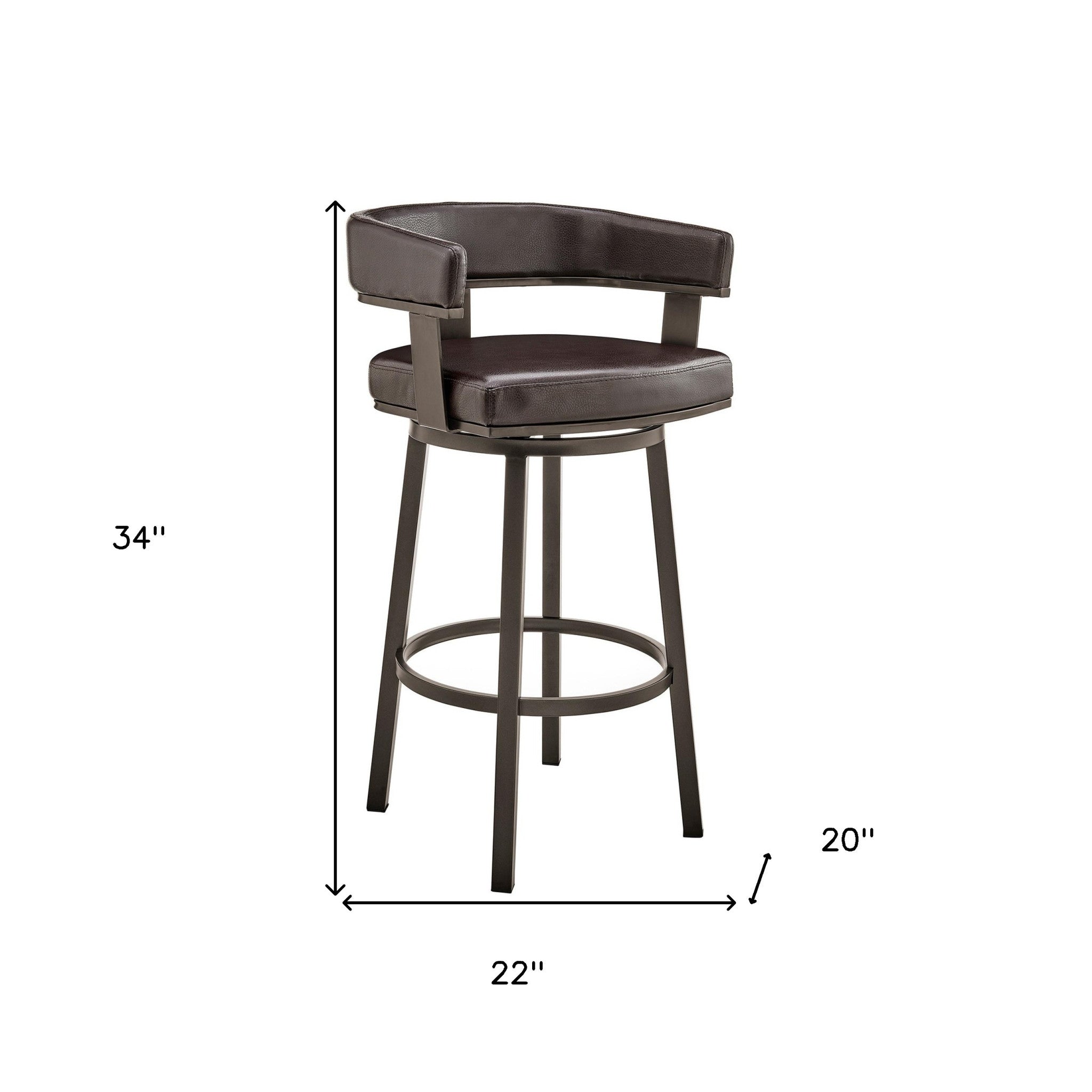 26" Chocolate And Gray Faux Leather And Faux Leather And Iron Low Back Counter Height Swivel Bar Chair
