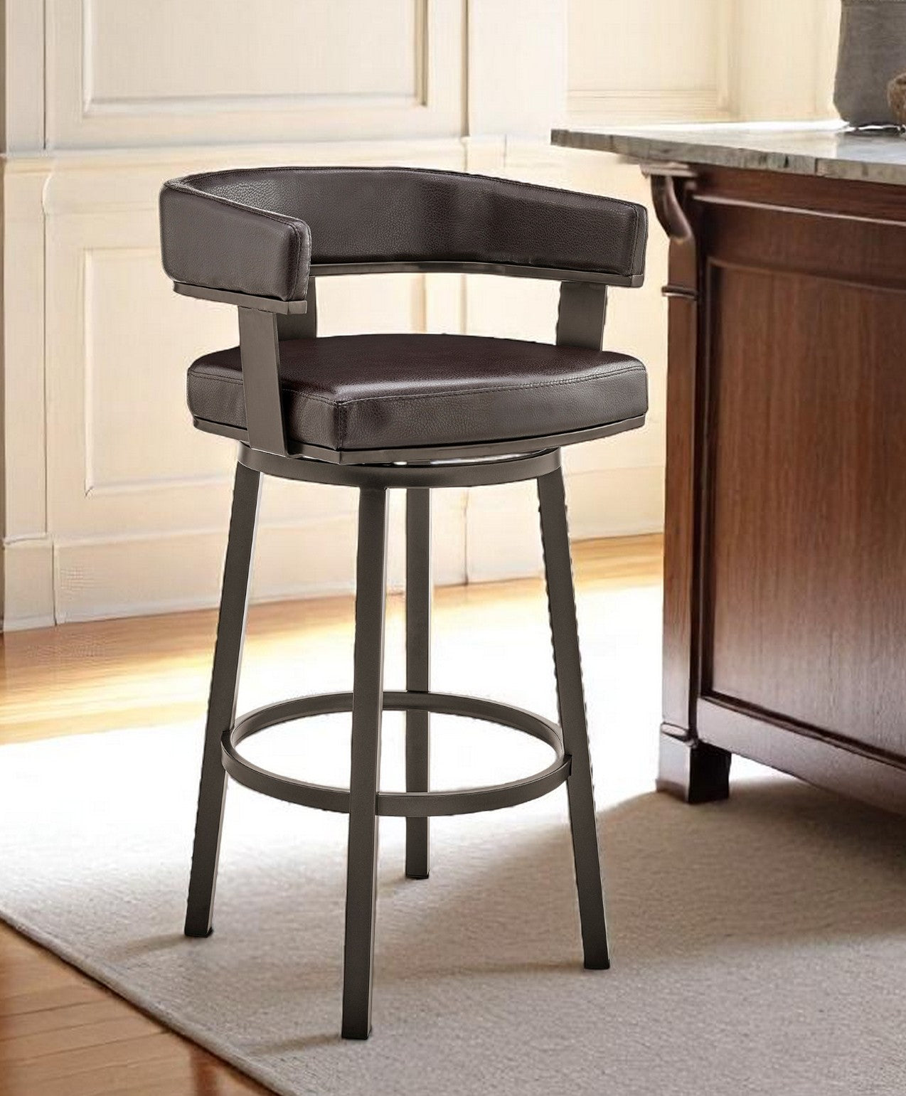 26" Chocolate And Gray Faux Leather And Faux Leather And Iron Low Back Counter Height Swivel Bar Chair