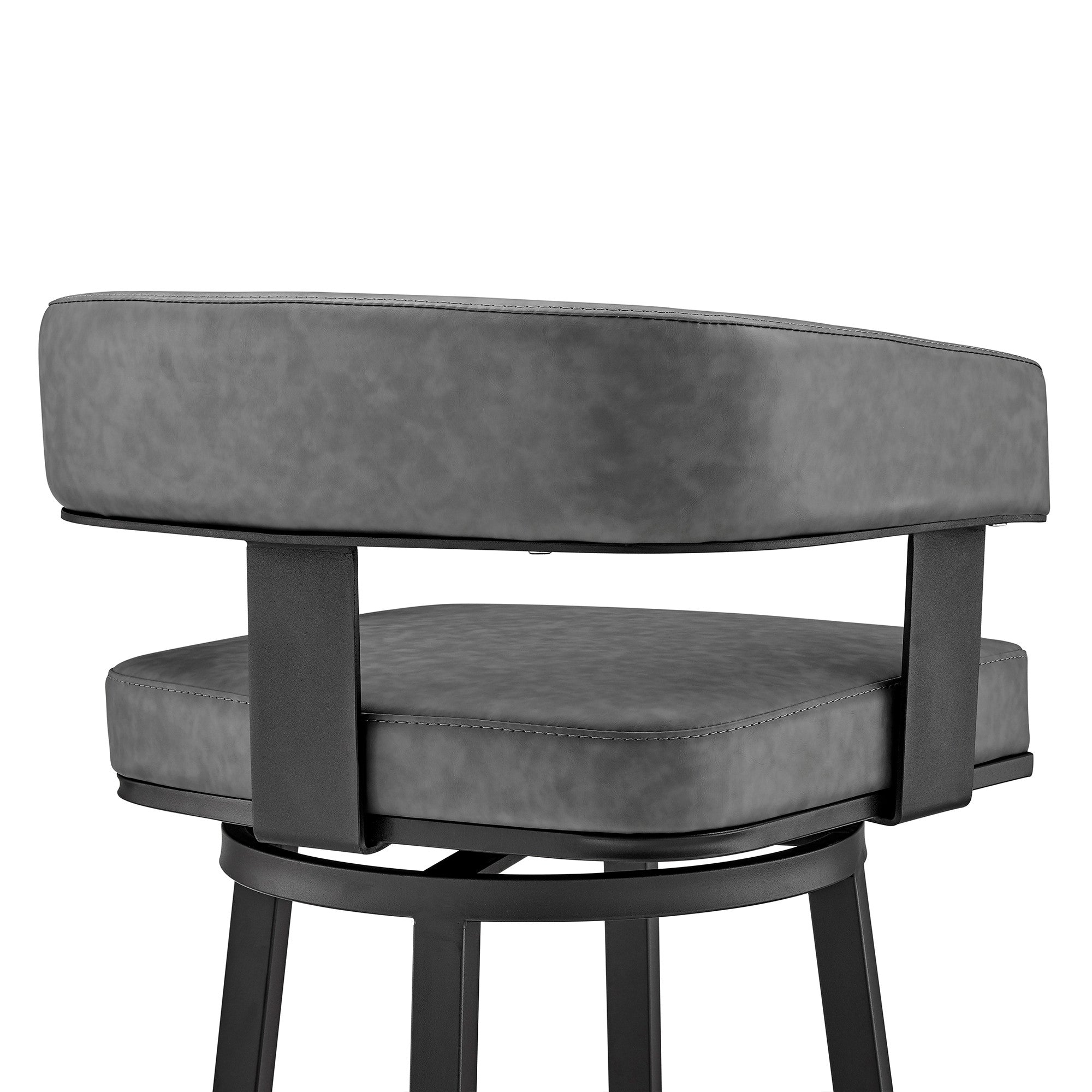 30" Gray And Black Faux Leather And Iron Swivel Low Back Bar Height Bar Chair