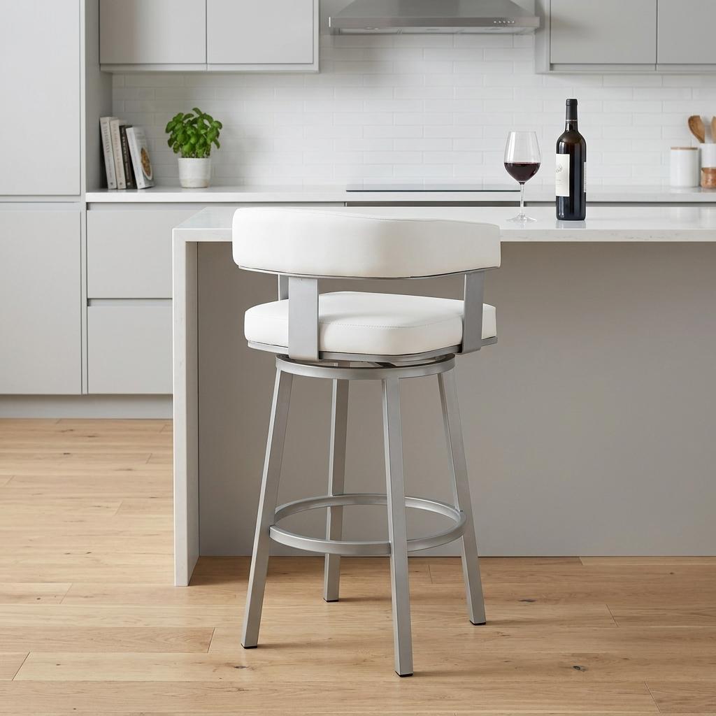 26" White And Gray Faux Leather And Fabric And Iron Low Back Counter Height Swivel Bar Chair