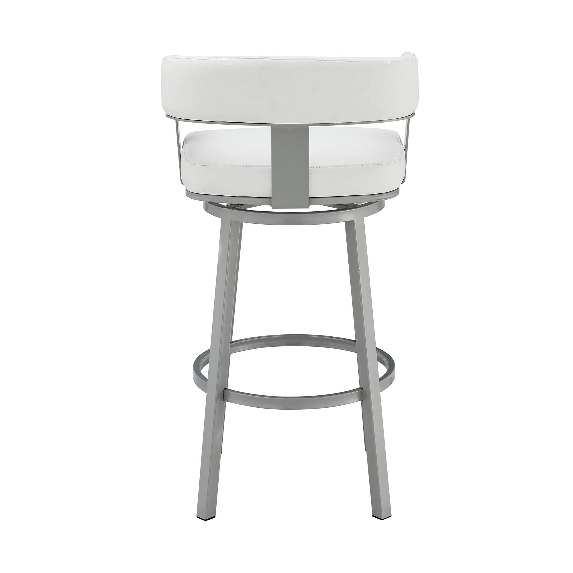 30" White And Gray Faux Leather And Fabric And Iron Low Back Bar Height Swivel Bar Chair