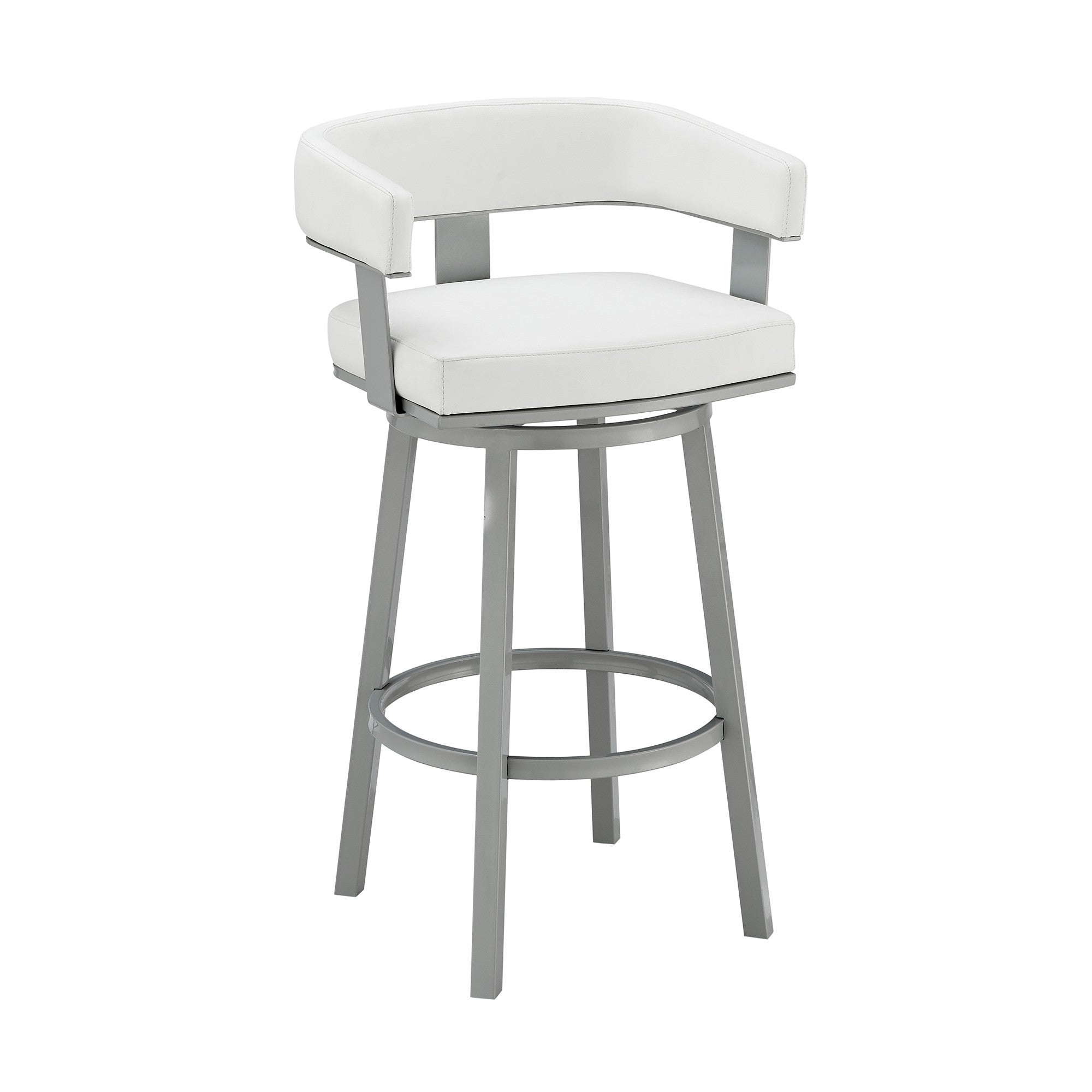 30" White And Gray Faux Leather And Fabric And Iron Low Back Bar Height Swivel Bar Chair