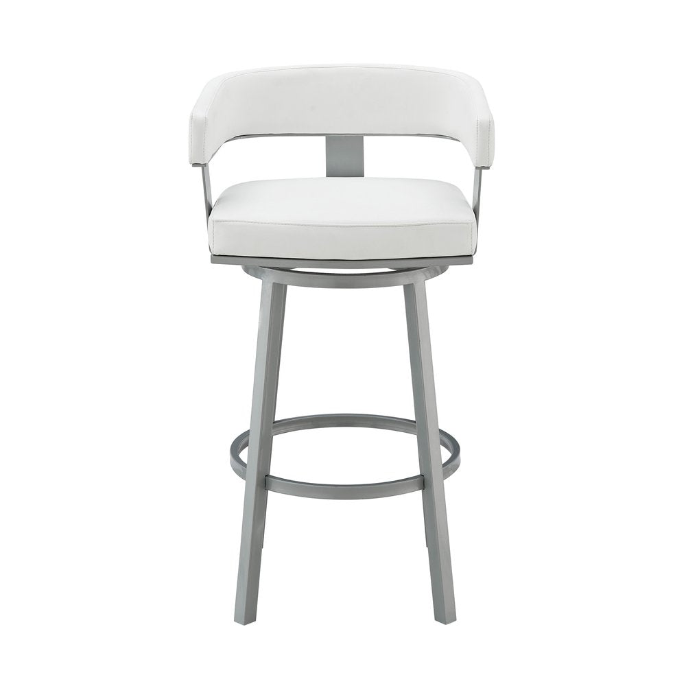30" White And Gray Faux Leather And Fabric And Iron Low Back Bar Height Swivel Bar Chair