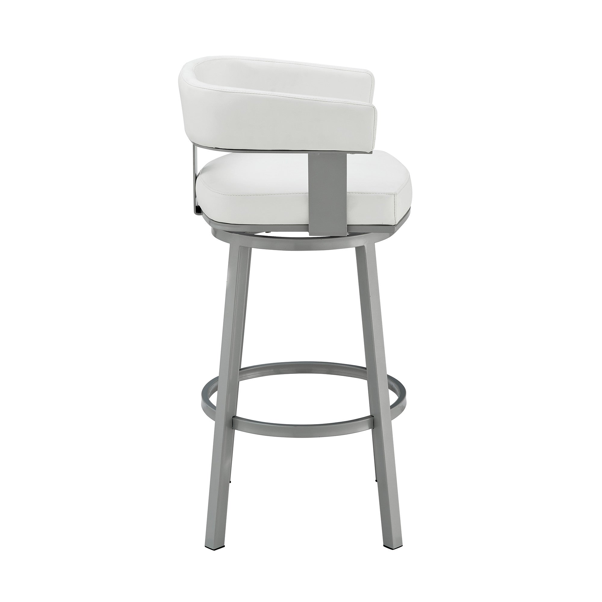 30" White And Gray Faux Leather And Fabric And Iron Low Back Bar Height Swivel Bar Chair
