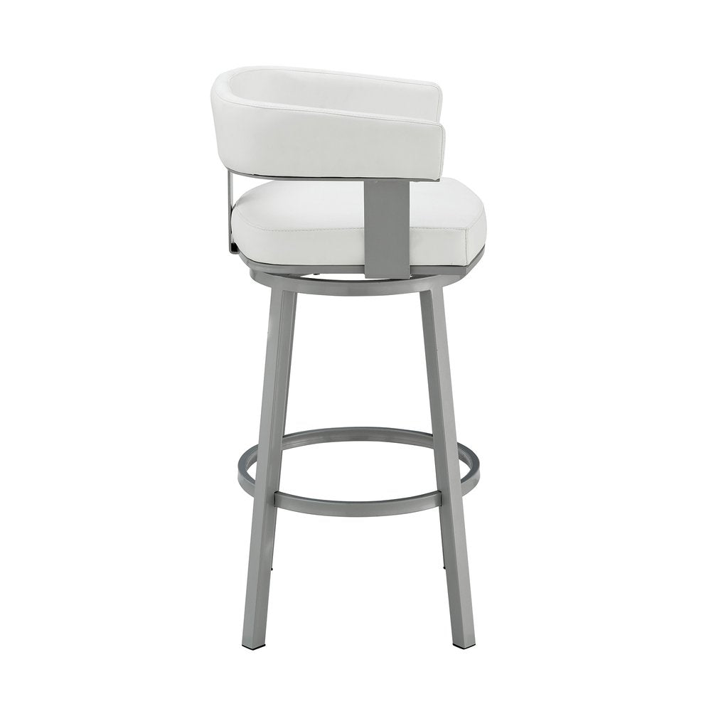 30" White And Gray Faux Leather And Fabric And Iron Low Back Bar Height Swivel Bar Chair
