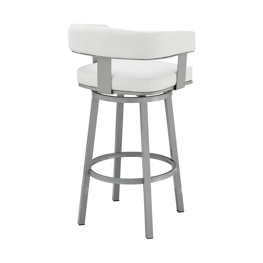 30" White And Gray Faux Leather And Fabric And Iron Low Back Bar Height Swivel Bar Chair