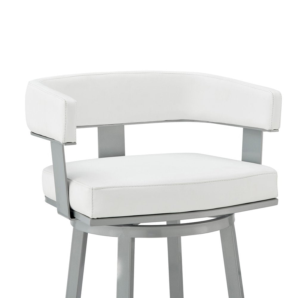30" White And Gray Faux Leather And Fabric And Iron Low Back Bar Height Swivel Bar Chair