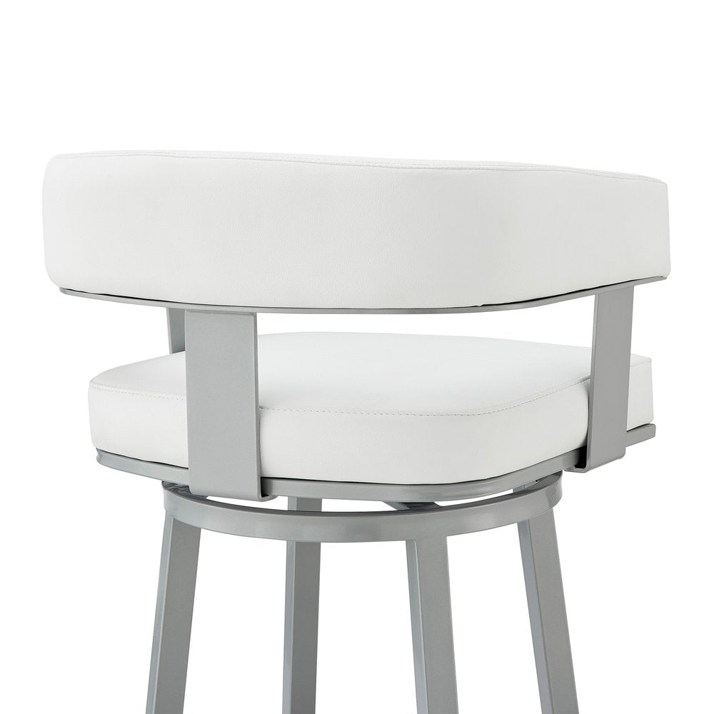 30" White And Gray Faux Leather And Fabric And Iron Low Back Bar Height Swivel Bar Chair