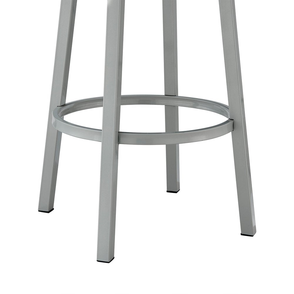 30" White And Gray Faux Leather And Fabric And Iron Low Back Bar Height Swivel Bar Chair
