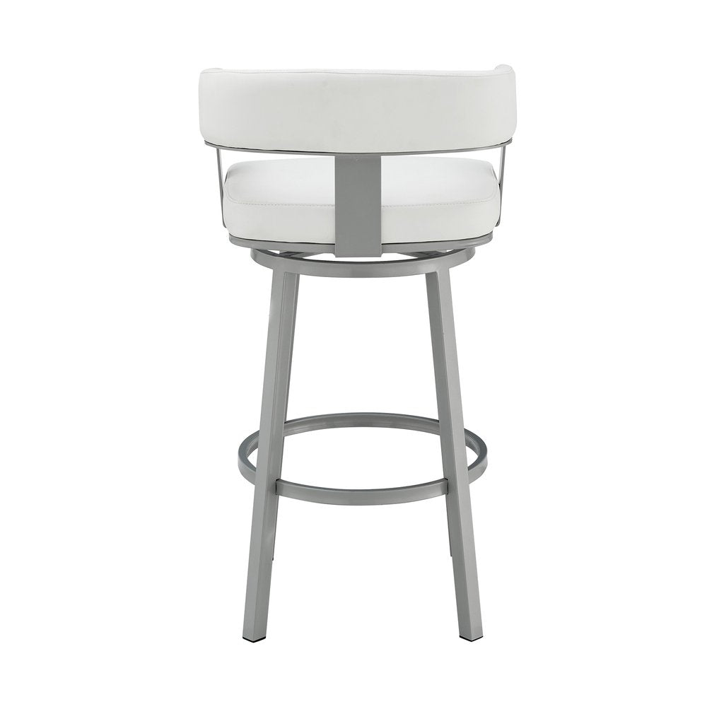 30" White And Gray Faux Leather And Fabric And Iron Low Back Bar Height Swivel Bar Chair
