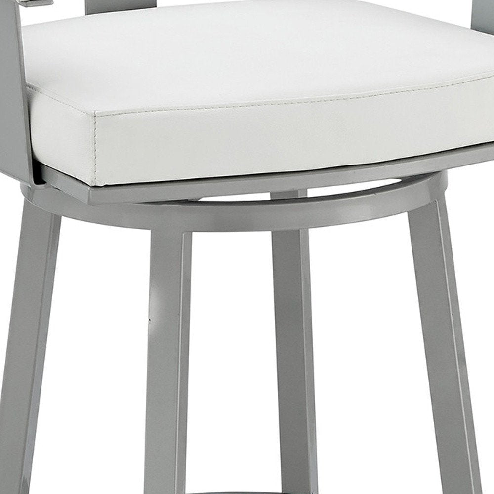 30" White And Gray Faux Leather And Fabric And Iron Low Back Bar Height Swivel Bar Chair