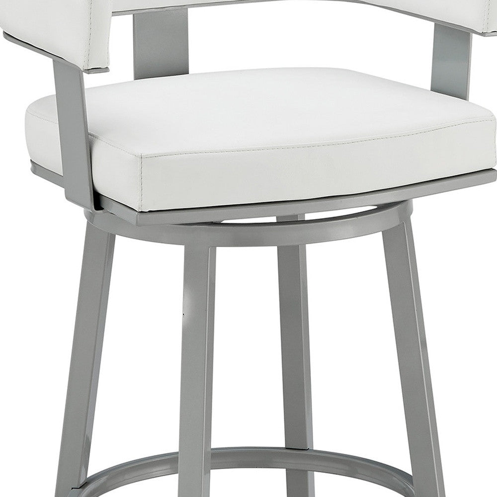 30" White And Gray Faux Leather And Fabric And Iron Low Back Bar Height Swivel Bar Chair