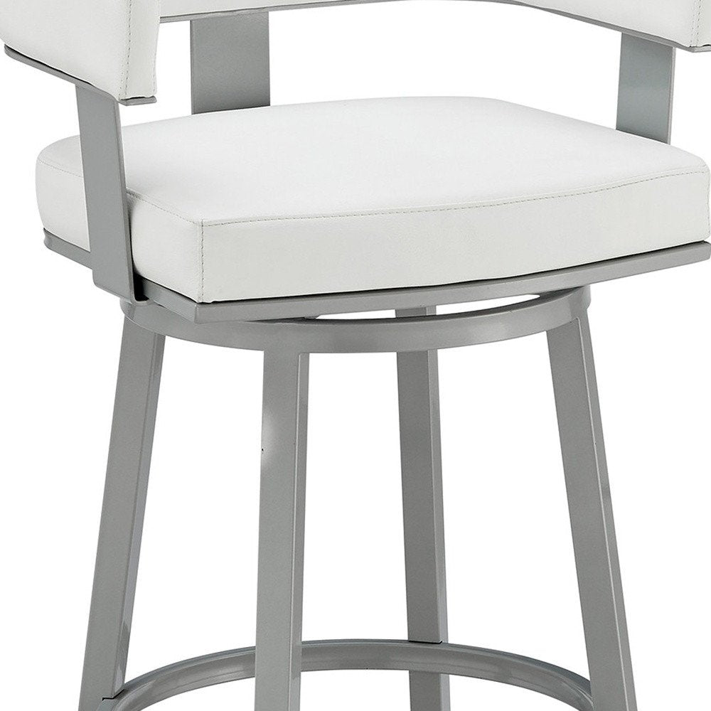 30" White And Gray Faux Leather And Fabric And Iron Low Back Bar Height Swivel Bar Chair