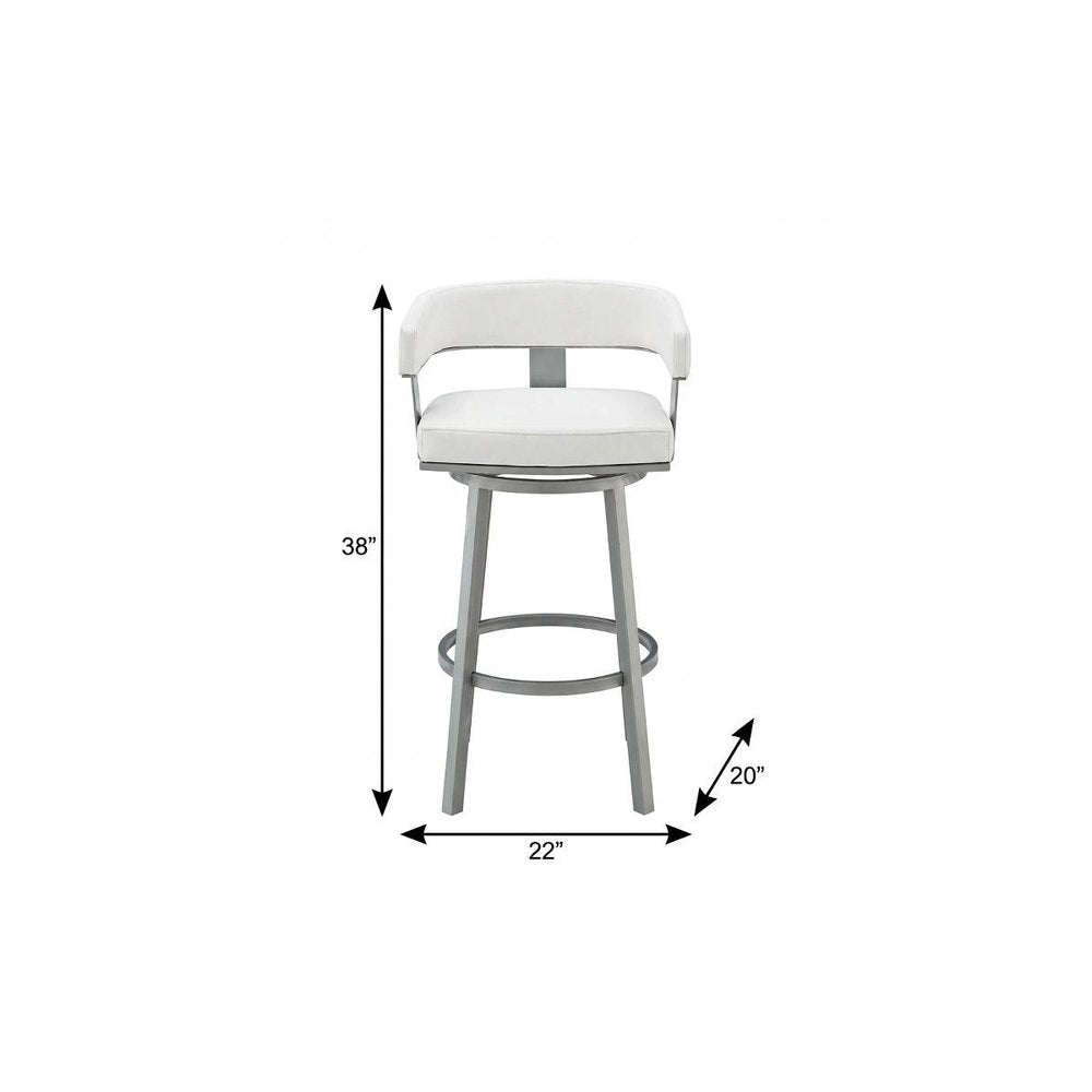 30" White And Gray Faux Leather And Fabric And Iron Low Back Bar Height Swivel Bar Chair
