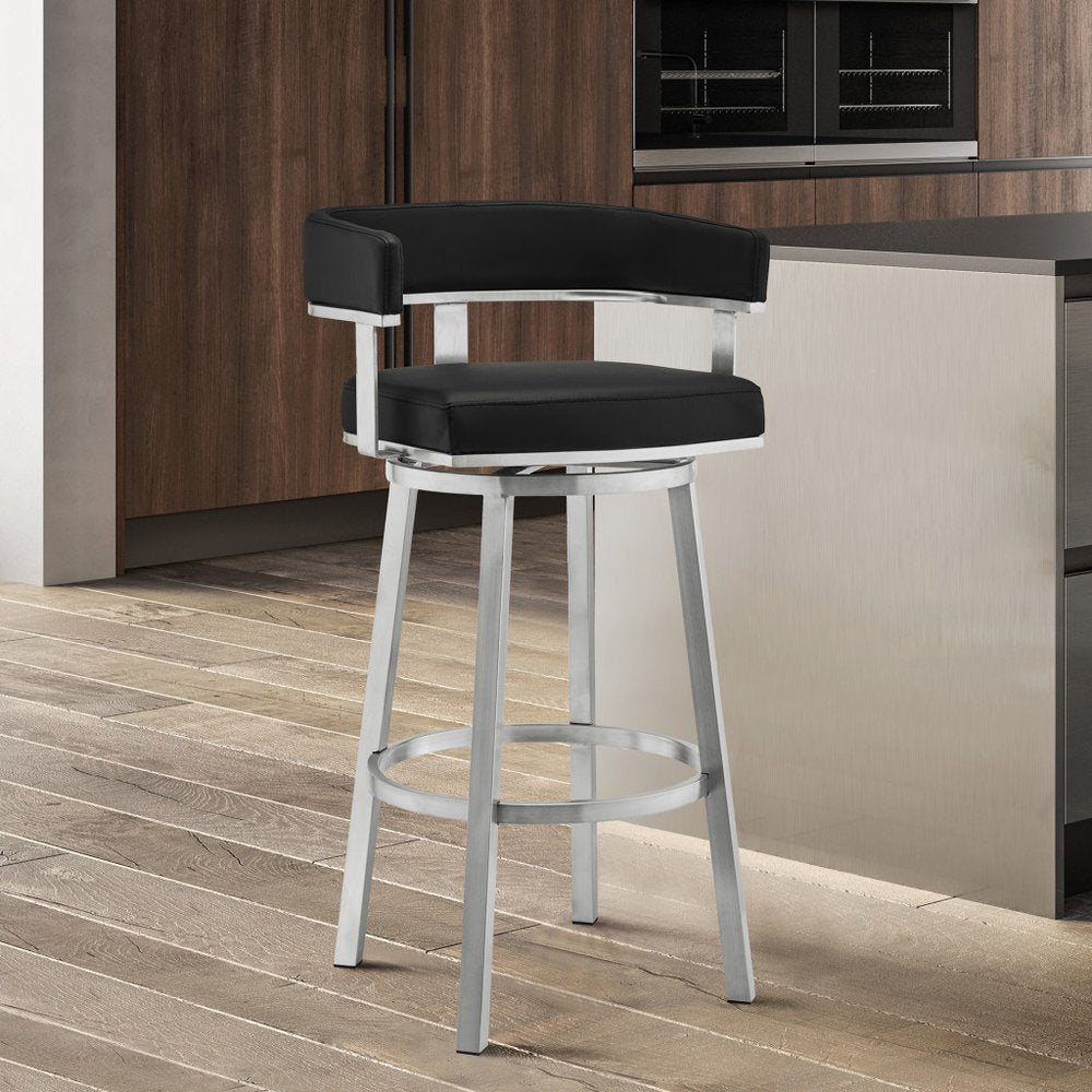 26" Black And Silver Faux Leather And Fabric And Iron Low Back Counter Height Swivel Bar Chair