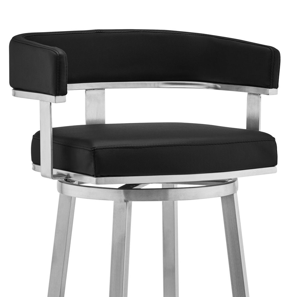 26" Black And Silver Faux Leather And Fabric And Iron Low Back Counter Height Swivel Bar Chair