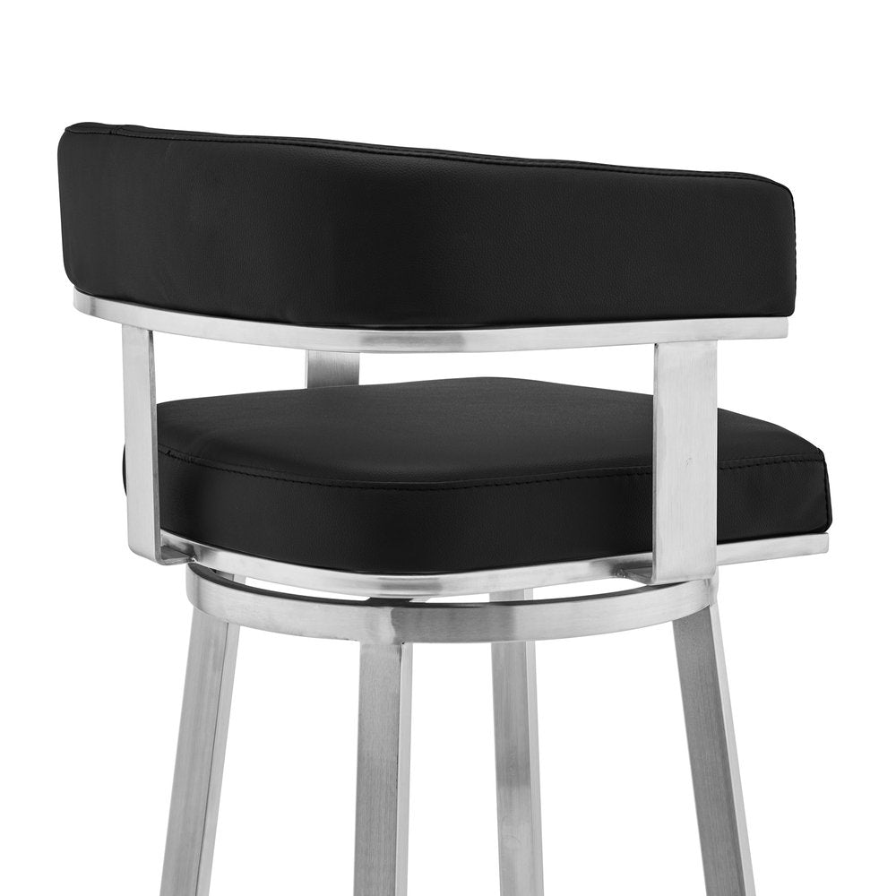 26" Black And Silver Faux Leather And Fabric And Iron Low Back Counter Height Swivel Bar Chair