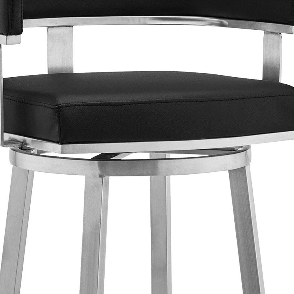 26" Black And Silver Faux Leather And Fabric And Iron Low Back Counter Height Swivel Bar Chair