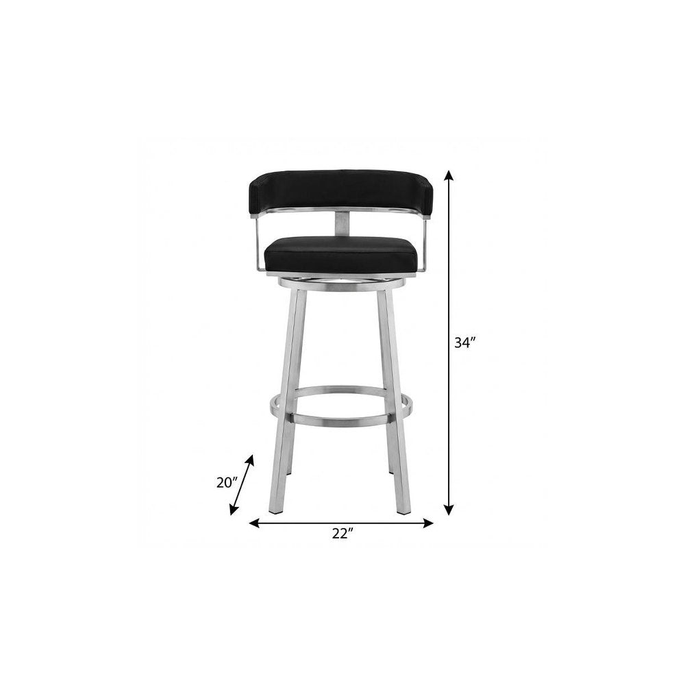 26" Black And Silver Faux Leather And Fabric And Iron Low Back Counter Height Swivel Bar Chair