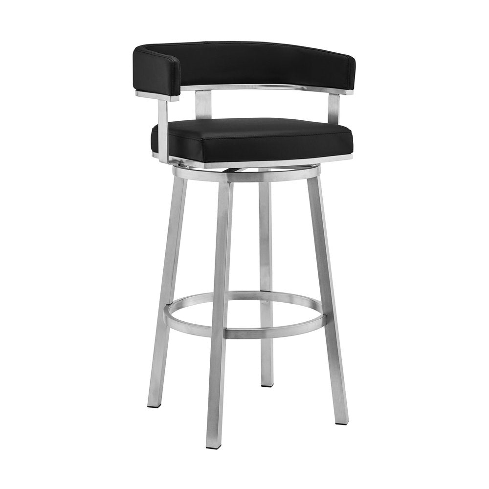 30" Black And Silver Faux Leather And Fabric And Iron Low Back Bar Height Swivel Bar Chair