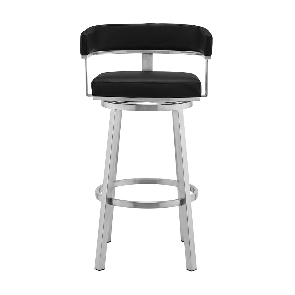 30" Black And Silver Faux Leather And Fabric And Iron Low Back Bar Height Swivel Bar Chair