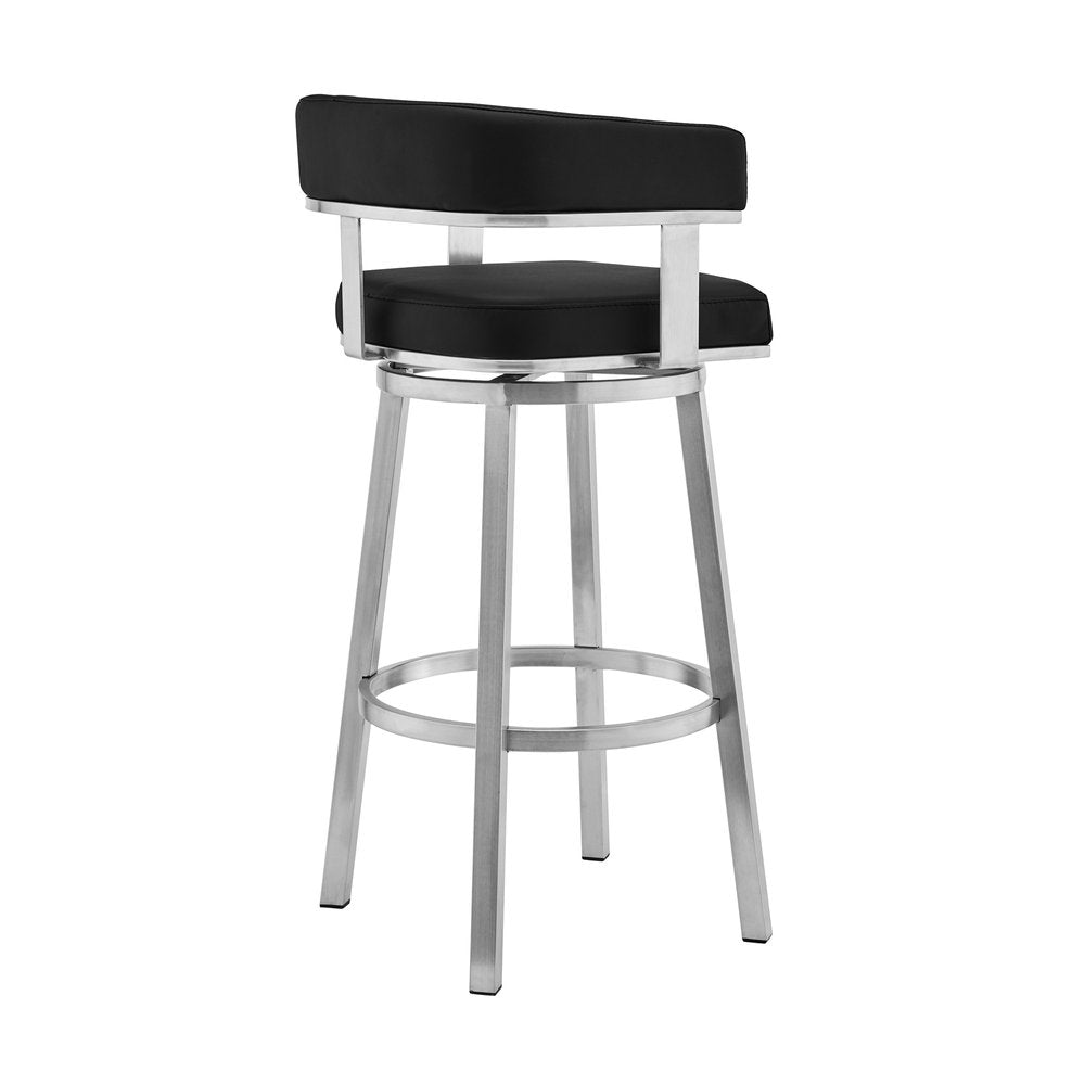 30" Black And Silver Faux Leather And Fabric And Iron Low Back Bar Height Swivel Bar Chair