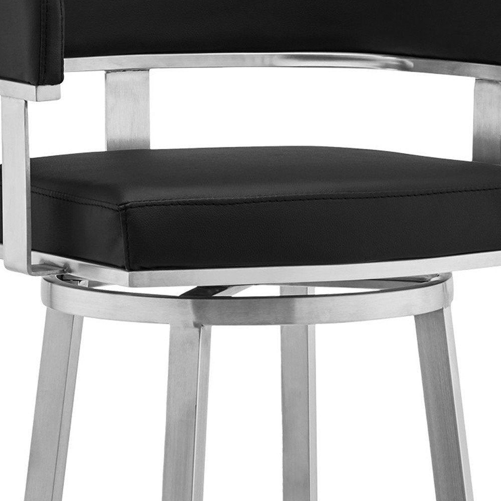 30" Black And Silver Faux Leather And Fabric And Iron Low Back Bar Height Swivel Bar Chair